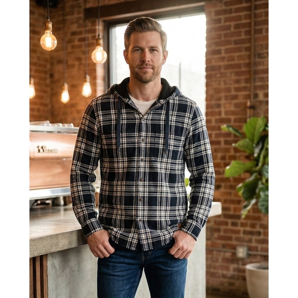 LL Bean Men's Hooded Plaid Flannel Shirt‎ Jacket Black White Size M Tall Fleece